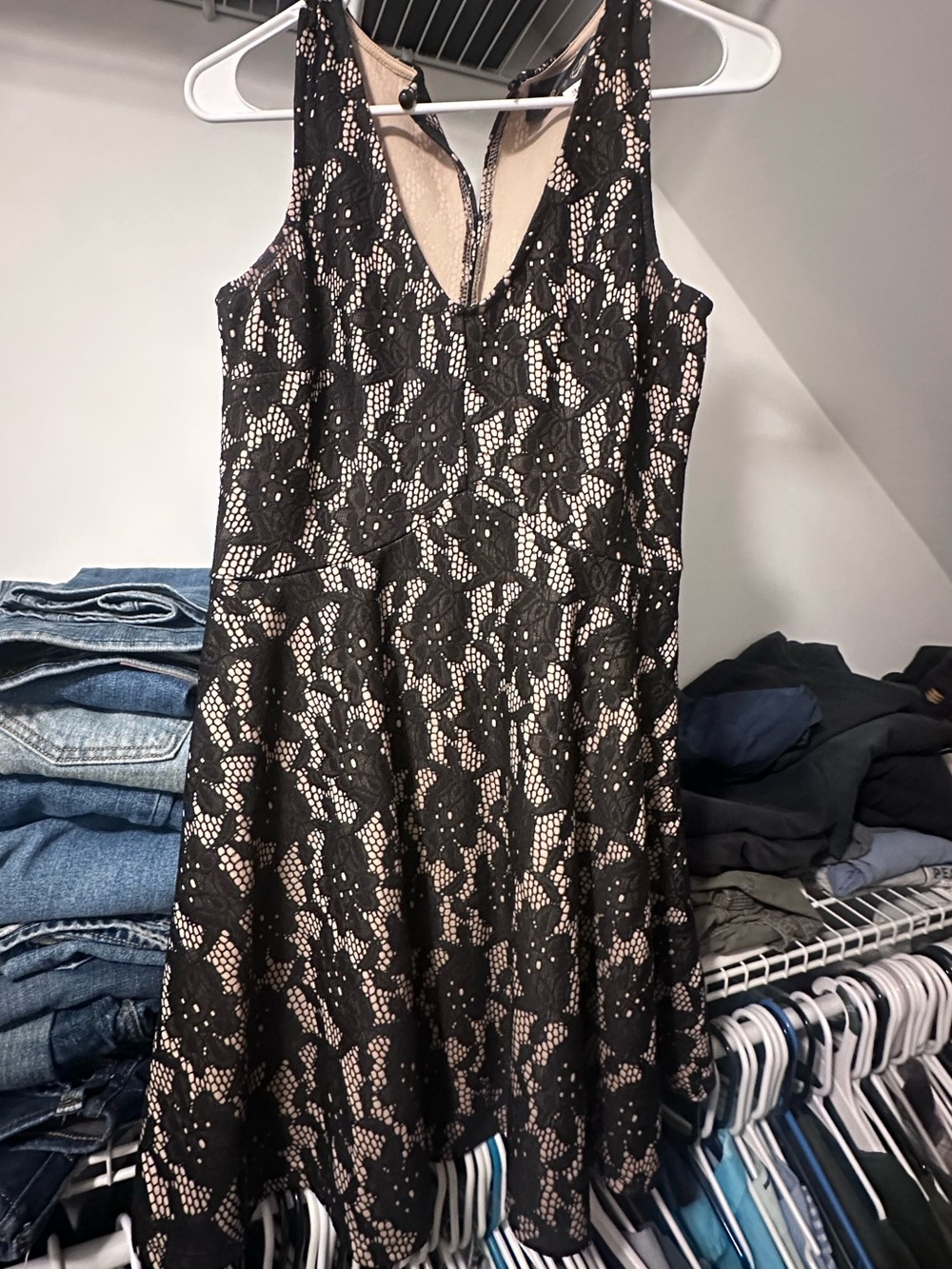 Blue Rain Black Lace A-Line Mini Dress with Nude Underlay